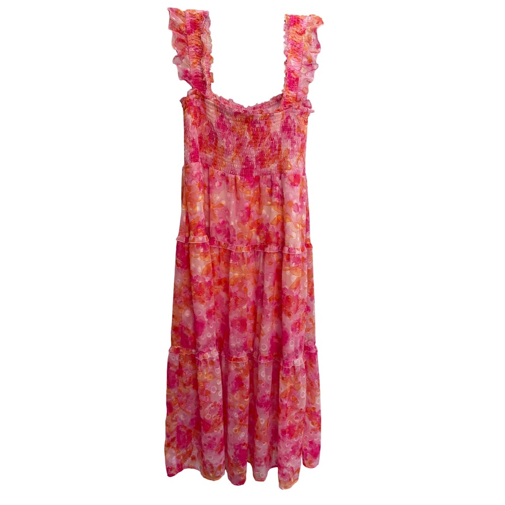 Versona Floral Smocked Midi Dress Womens Medium Pink Orange Boho Tiered Ruffle